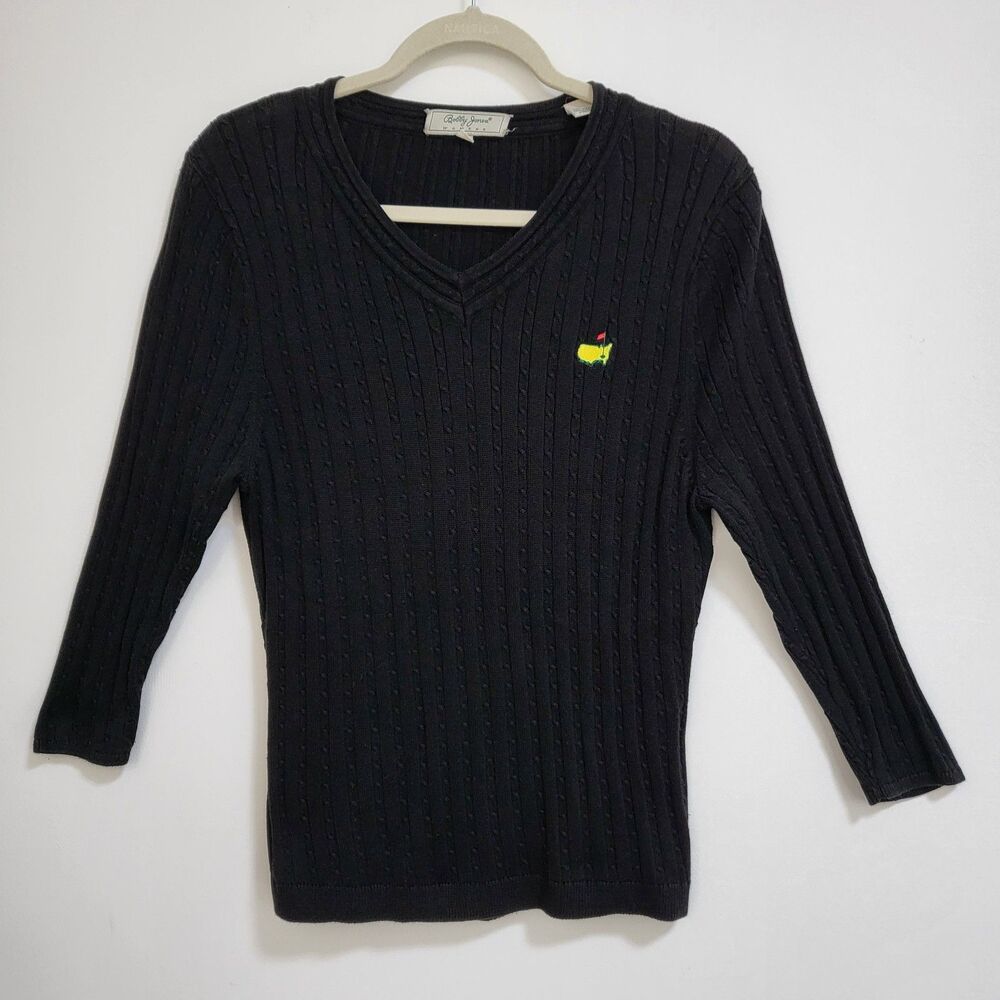 Vintage Masters Golf Sweater Womens L Cotton Black Cable Knit V Neck 3/4 Sleeve